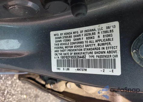 2013 Honda Civic Ex-L z USA, uszkodzony, nr VIN 19XFB2F93DE264462